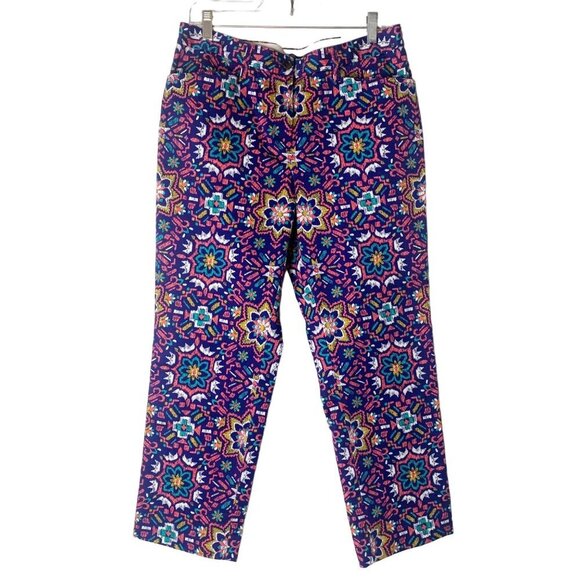 Lands End Chino Pants Mid-Rise Straight Leg Colorful Aztec Tile Print Size 8 New - Picture 2 of 12